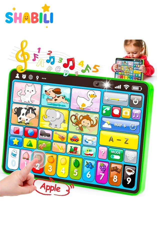 SHABILI Trilingual Educational Learning Tablet Toy for Toddlers 1–3, Screen-Free Sound Interactive Early Development Toy with Music Quiz Modes for Speech Therapy and Preschool Learning at Home or Travel, ABS Plastic (Green) - Image 1